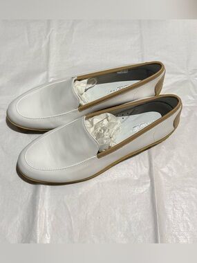 Women's White Leather Slip-On Loafers with Tan Trim